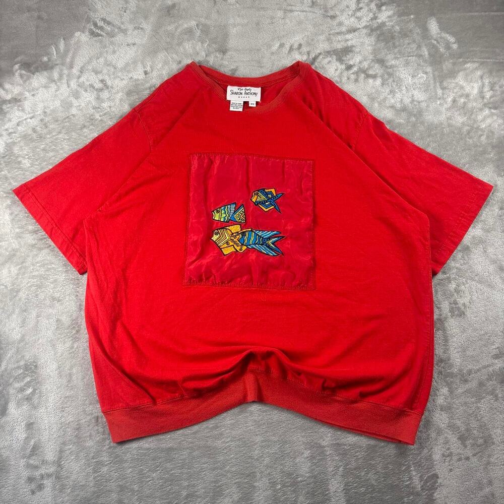 Vintage Sharon Anthony Women’s 3X Red Fish Silk Patch Wearable Art Shirt